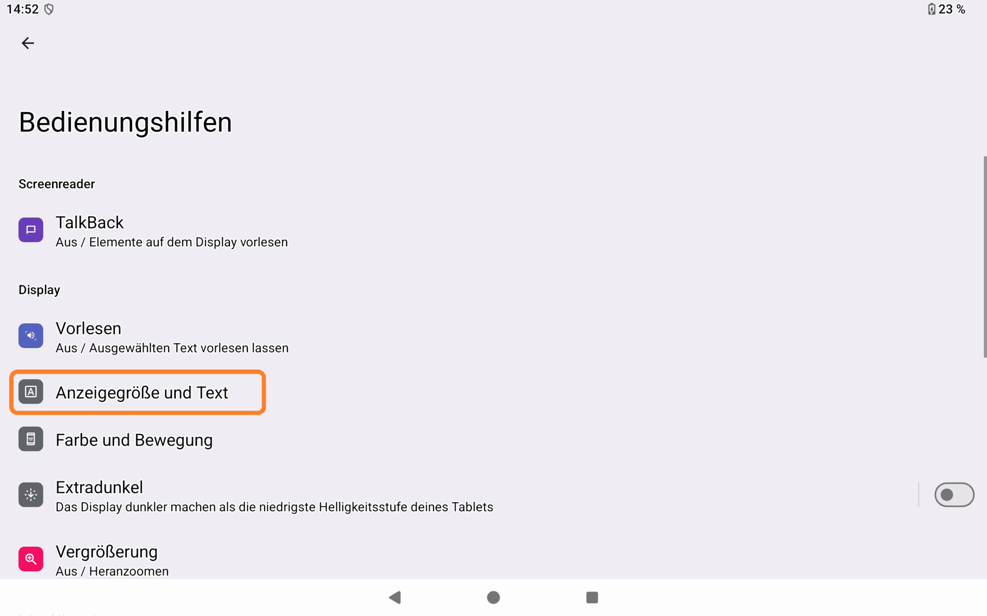 Anzeigegröße und Text auswählen