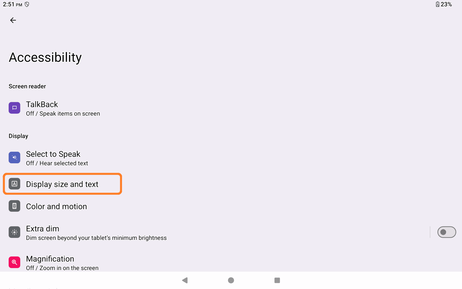 display size and text
